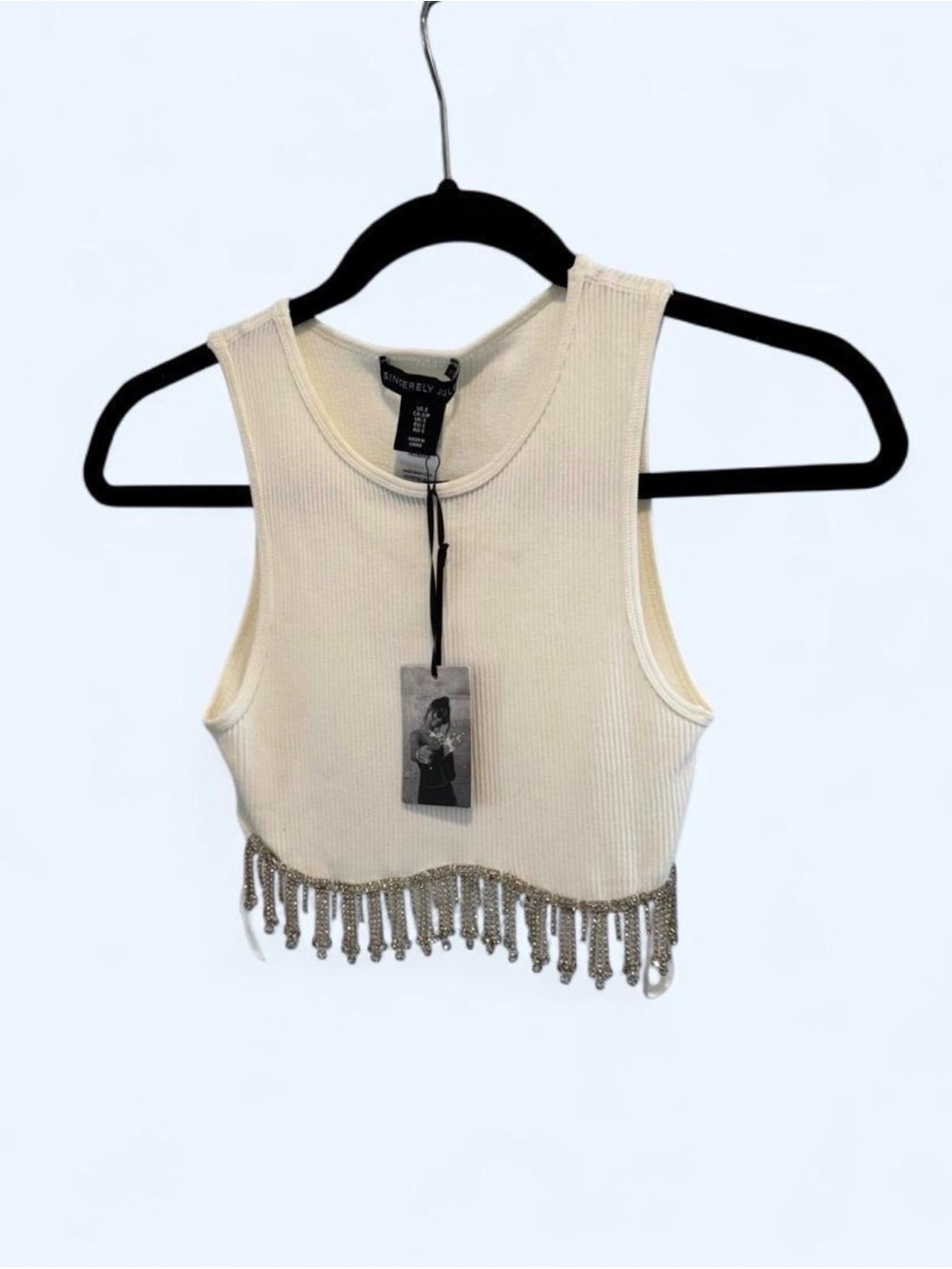 Sincerly Jules Cream Ribbed Crop Tank with Metallic Chain Fringe